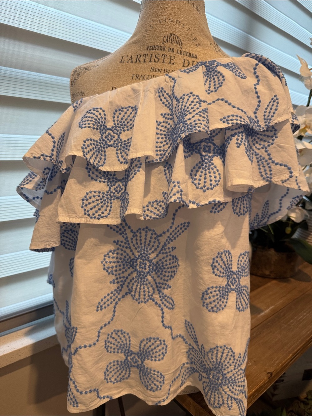 Lilly Pulitzer Trixie One Shoulder Ruffle Top  with Blue Floral Embroidery
